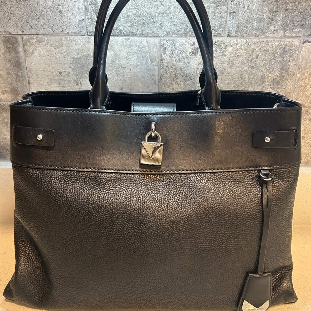 MICHAEL Michael Kors Black Leather Tote with Silver Padlock